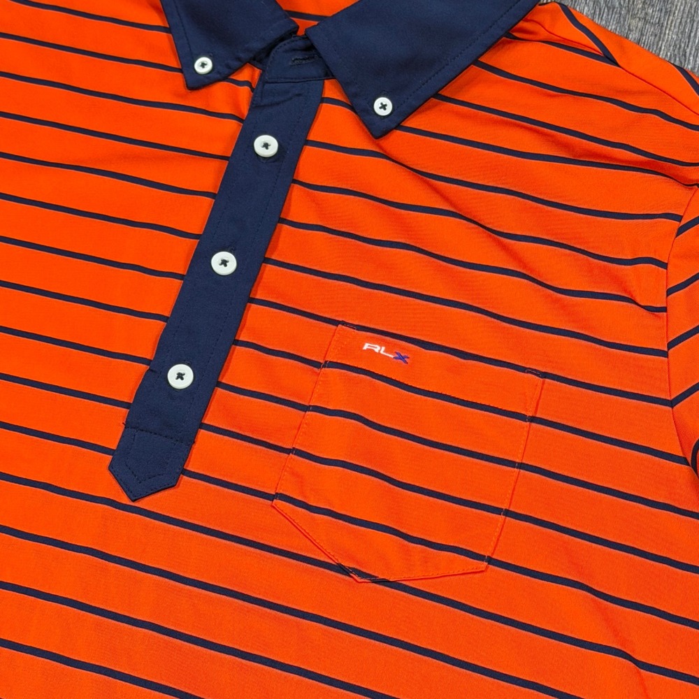 RLX Ralph Lauren Mens L Performance Polo Shirt Orange Navy Striped Erin Hills WI - Picture 3 of 9